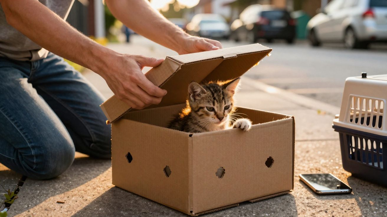 Gato dentro de uma caixa de cartão aberta, com pessoas ao lado e ambiente urbano ao fundo.