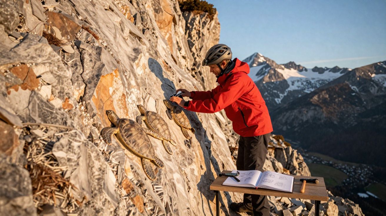 Homem com capacete e casaco vermelho fotografa tartarugas numa encosta rochosa com montanhas ao fundo.