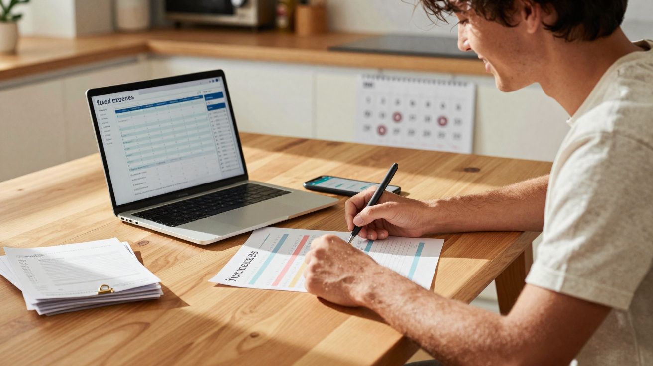 Pessoa a analisar e assinalar um horário impresso, com computador portátil aberto em mesa de madeira.