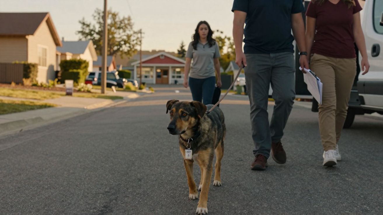 Cão com trela a caminhar na rua, acompanhado por três pessoas em ambiente residencial ao entardecer.