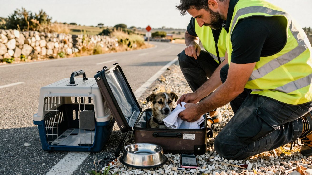 Homem de colete amarelo conforta cão dentro de mala na berma de estrada com caixa de transporte ao lado.