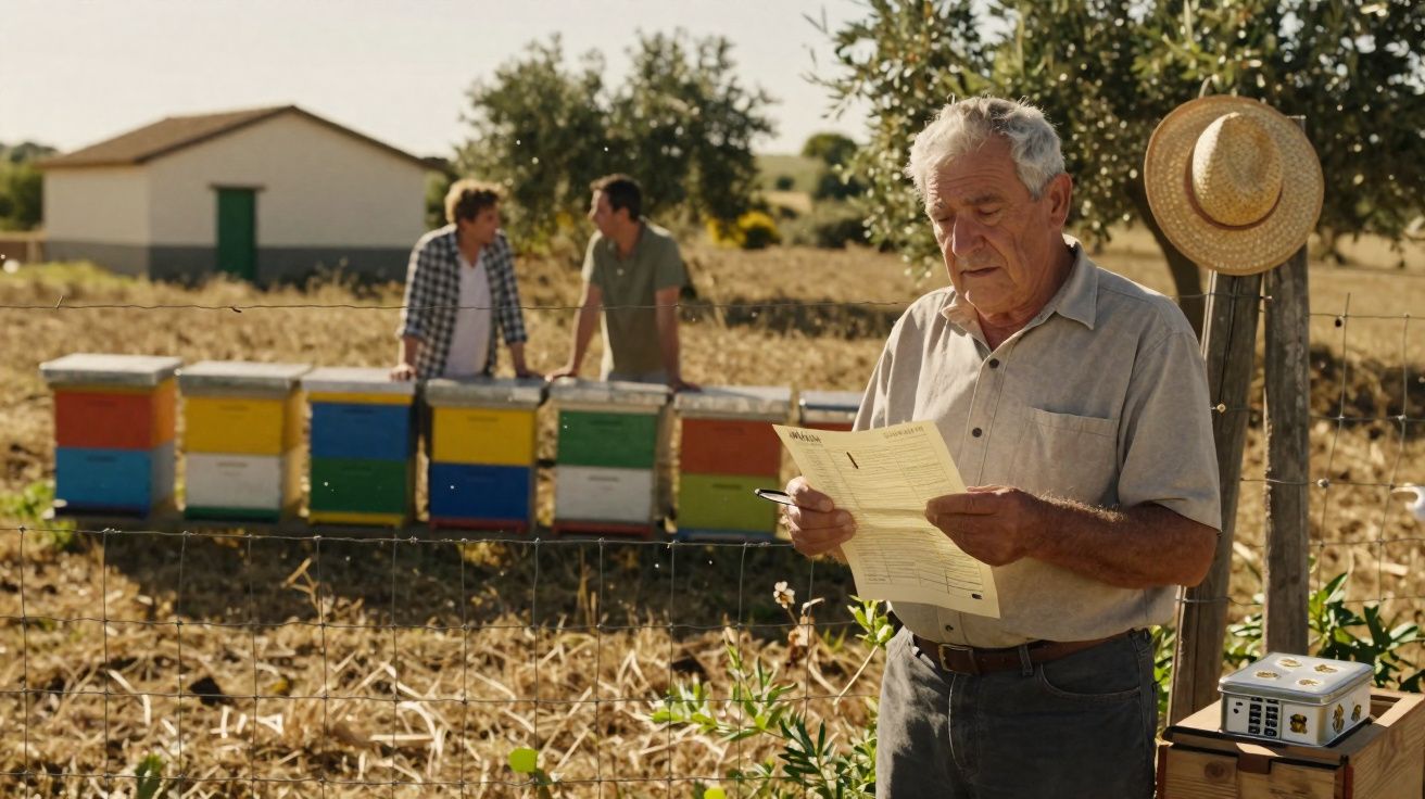 Homem idoso lê papel perto de colmeias coloridas e dois homens conversam ao fundo numa quinta ensolarada.