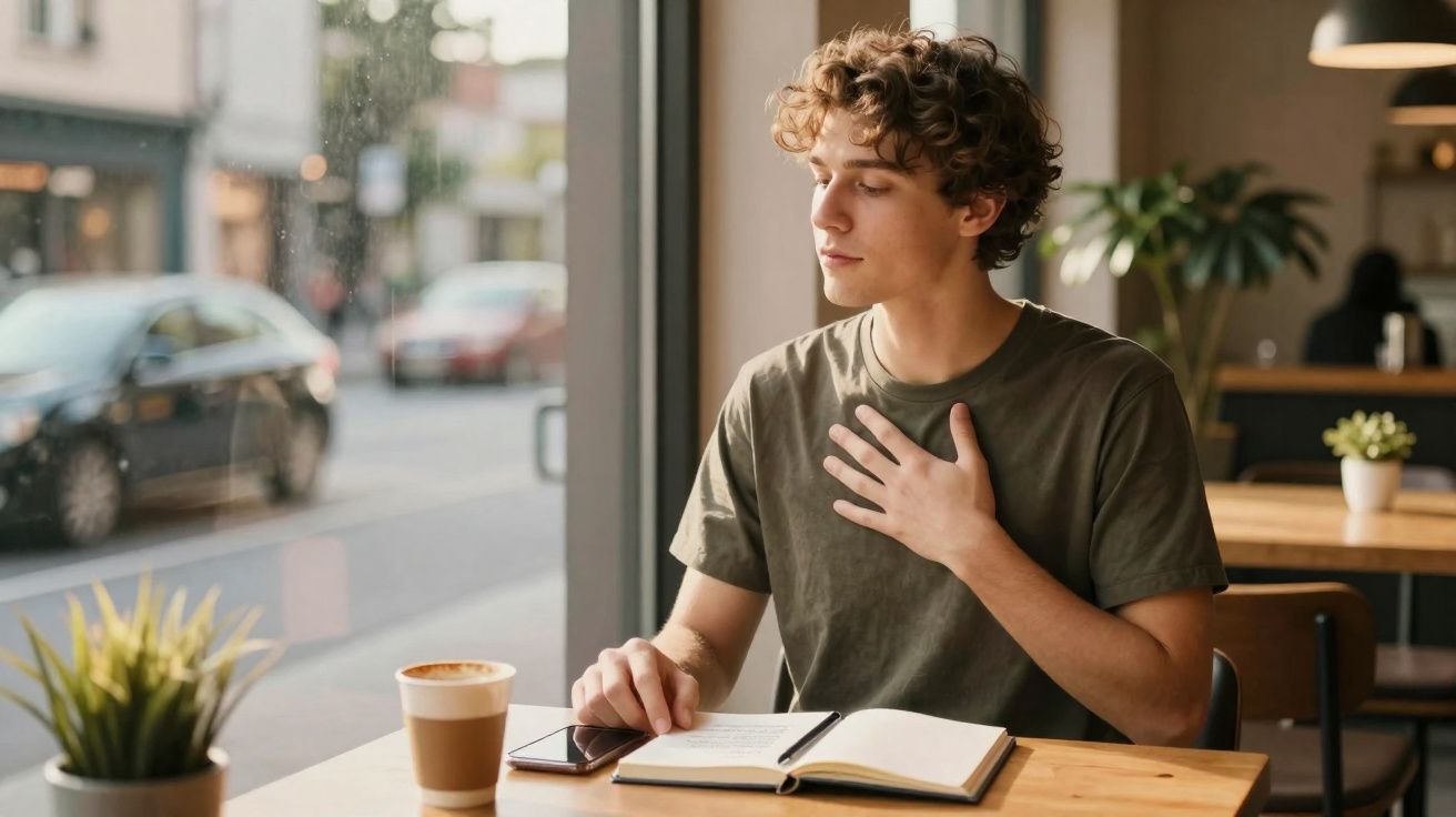 Jovem sentado junto a janela de café, com livro aberto e mão no peito, a fazer pausa para reflexão.