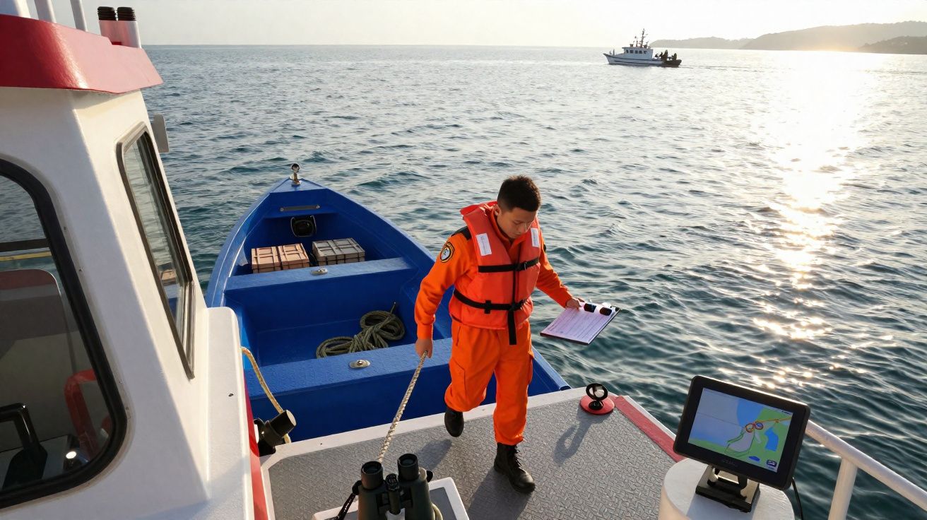 Pessoa em fato de salva-vidas laranja a bordo de um barco com mar e outro barco ao fundo ao pôr do sol.