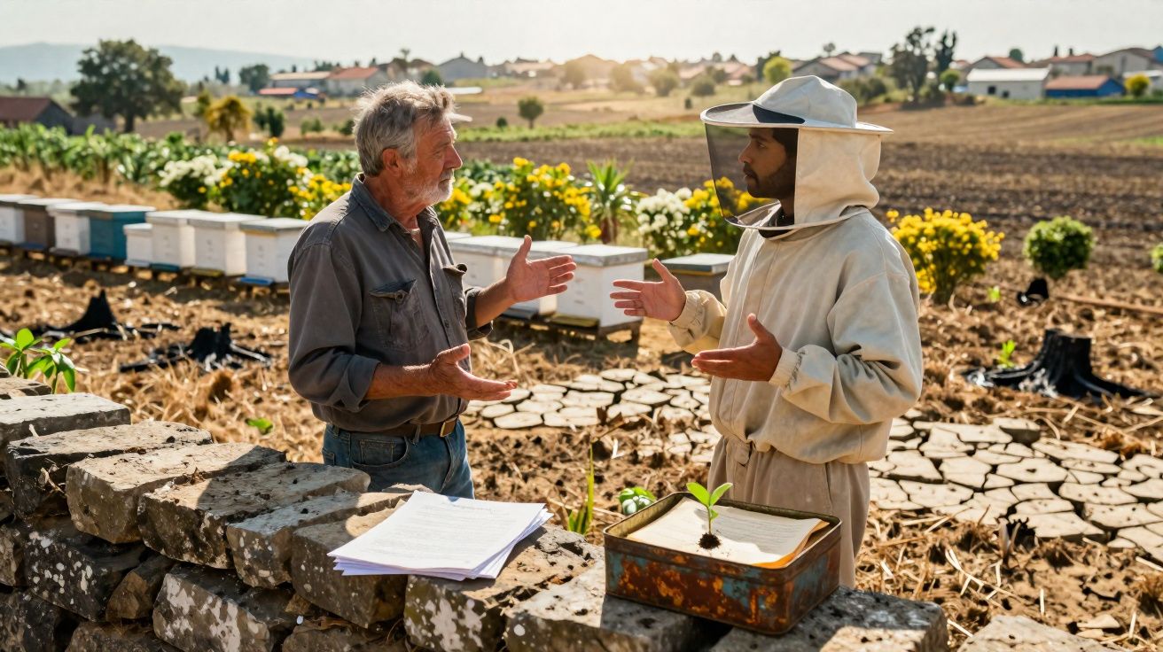 Dois agricultores a conversar num campo seco, com colmeias e flores ao fundo.