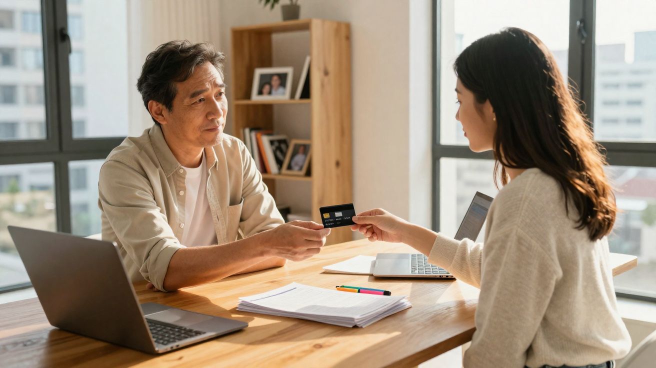 Homem e mulher sentados à mesa, mulher entrega cartão de crédito ao homem, ambos com laptops e papéis.