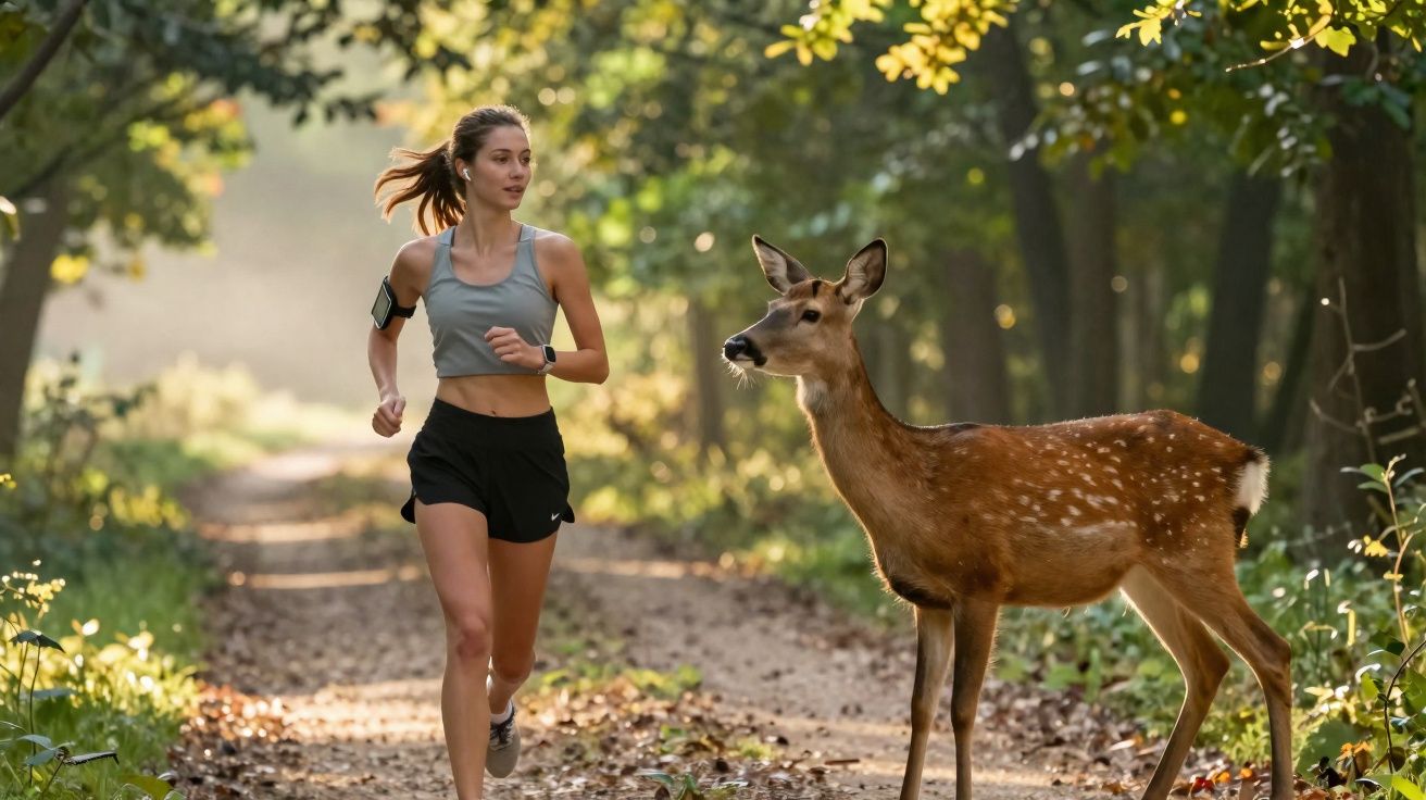 Mulher a correr numa floresta ao lado de um veado numa trilha iluminada pelo sol.