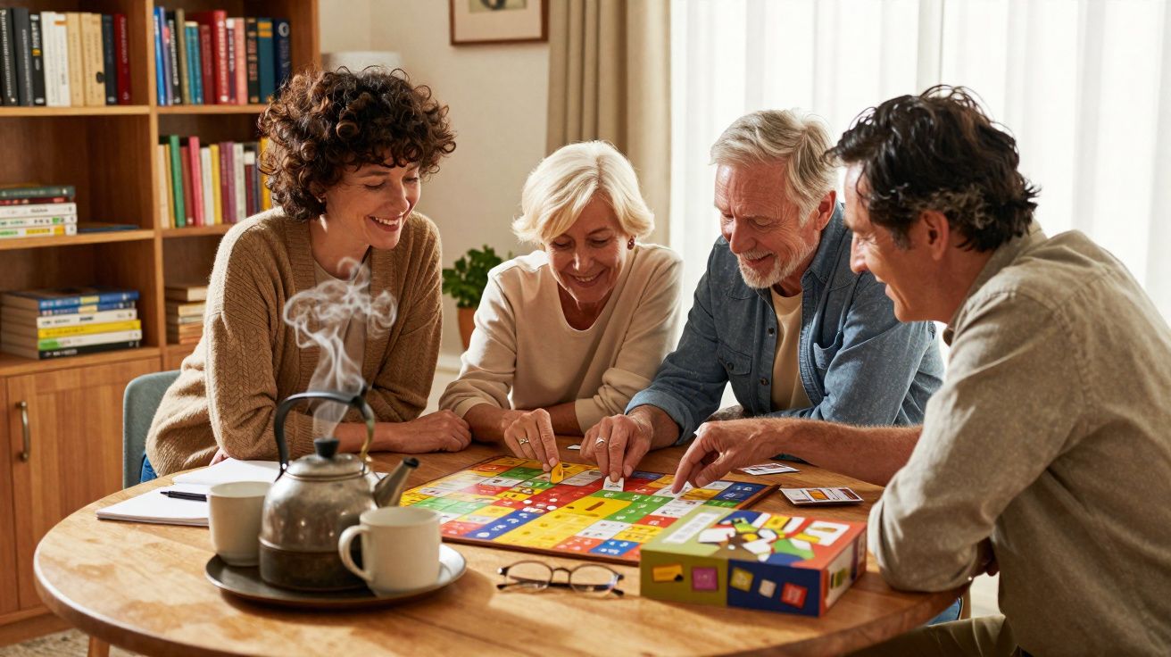 Quatro adultos sentados à mesa a jogar jogo de tabuleiro numa sala iluminada e acolhedora.
