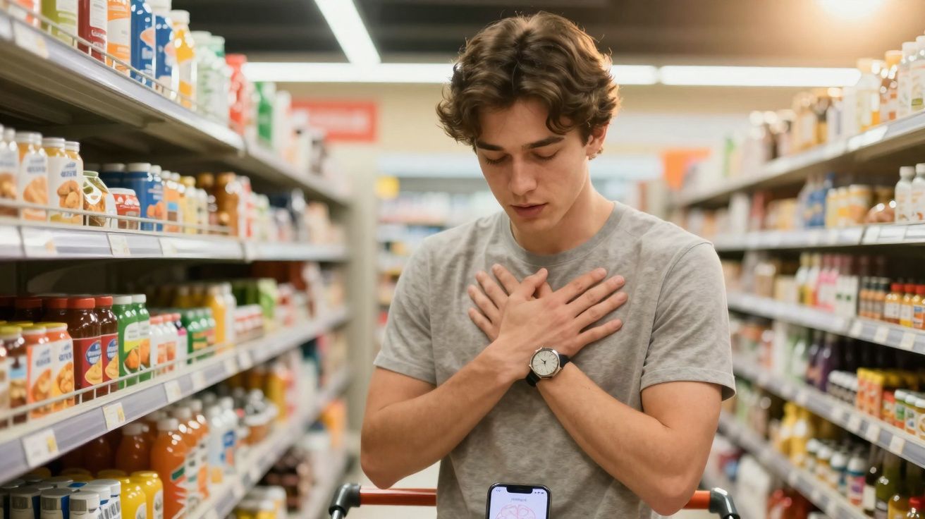 Jovem no supermercado com as mãos no peito aparentando desconforto ou dor no peito.