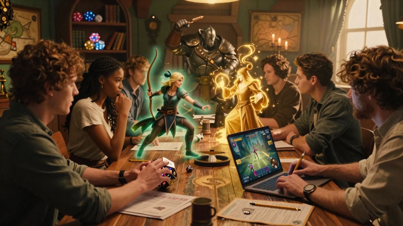 Grupo de jovens a jogar RPG de fantasia com hologramas de personagens e dados coloridos numa mesa de madeira.