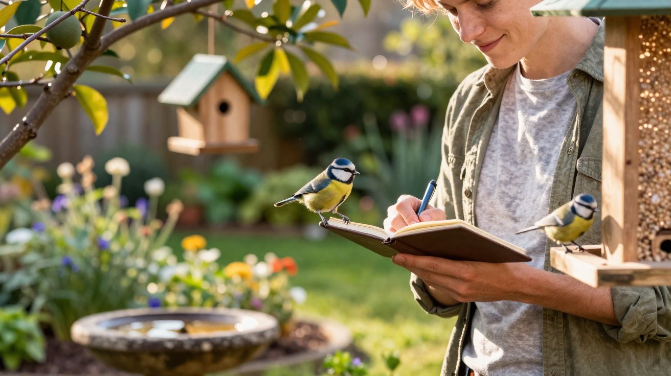 Pessoa a anotar num caderno com dois pássaros azuis e amarelos pousados no jardim florido ao fundo.