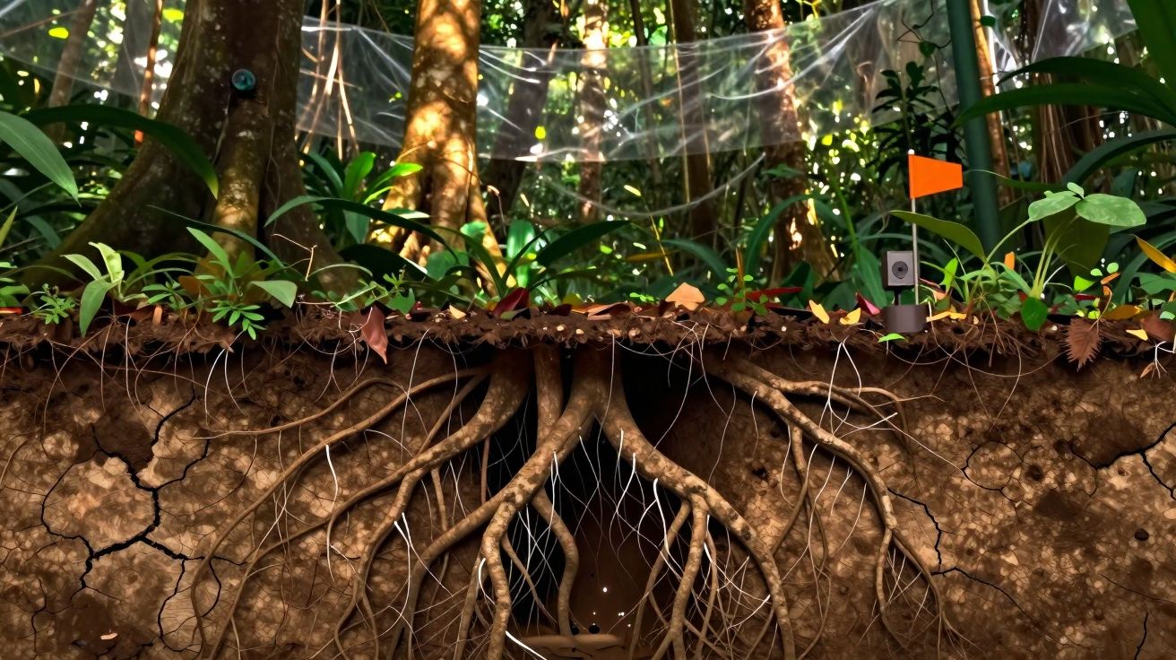 Secção transversal do solo com raízes de árvores e vegetação densa numa floresta.