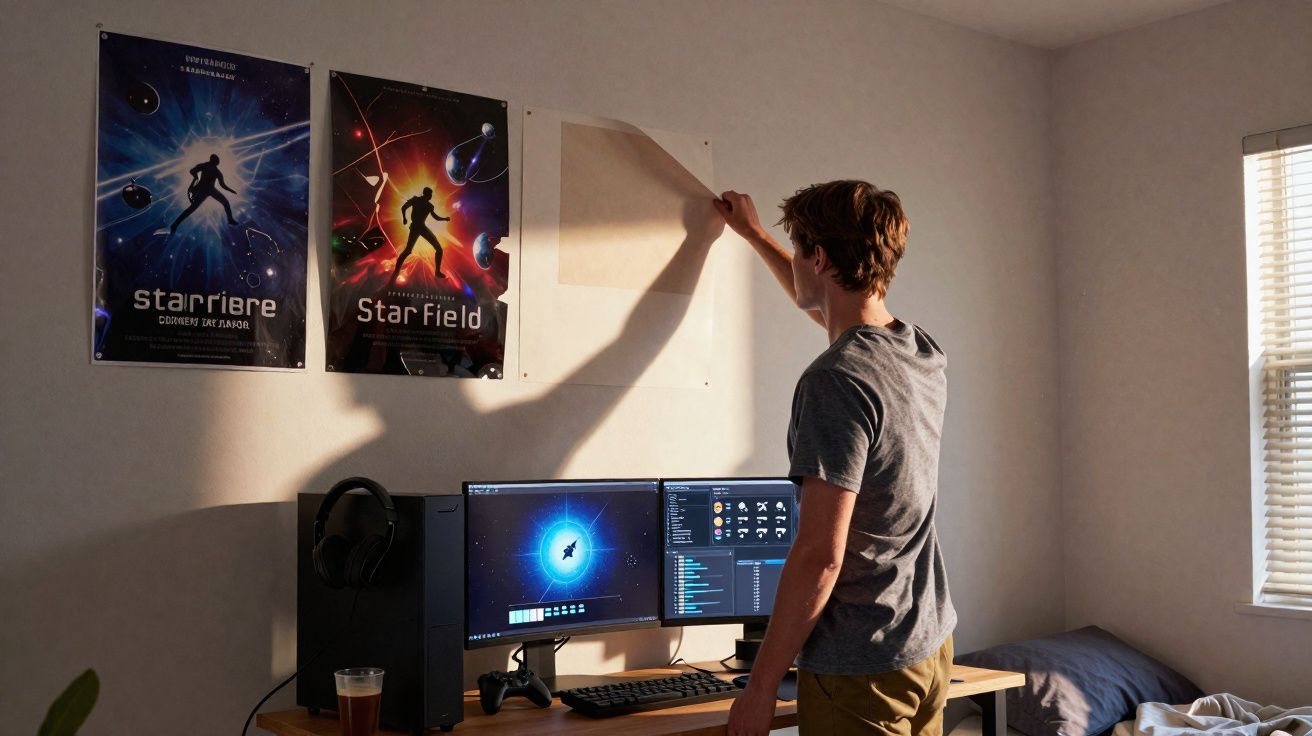 Jovem em quarto com posters de jogos noa parede, computador com dois ecrãs e janela com luz natural.