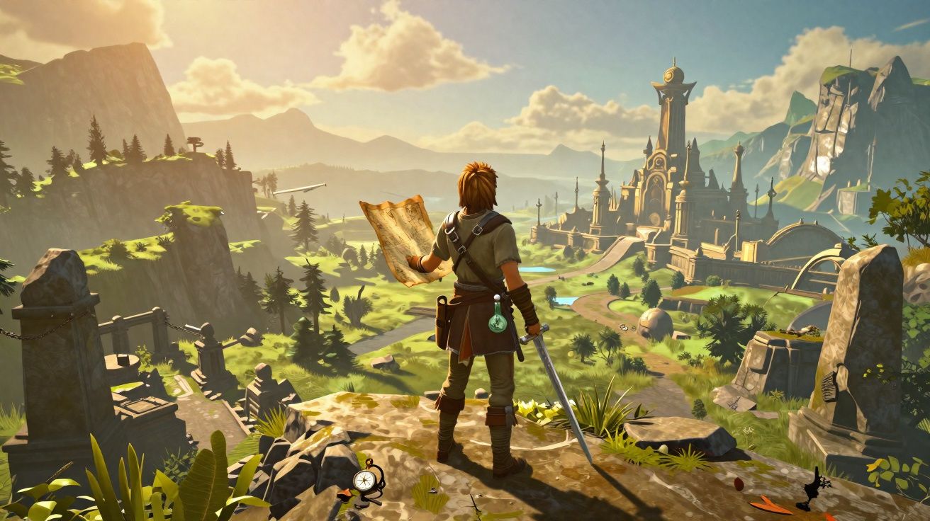 Personagem de videojogo com espada e mapa a observar paisagem verde com castelo ao fundo ao pôr do sol.