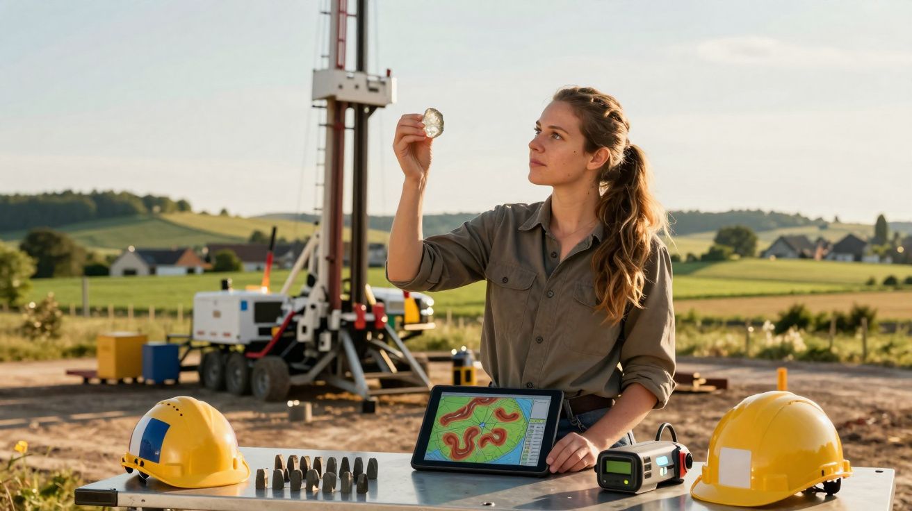 Geóloga analisa uma amostra de rocha num local de perfuração ao ar livre com equipamento de perfuração ao fundo.