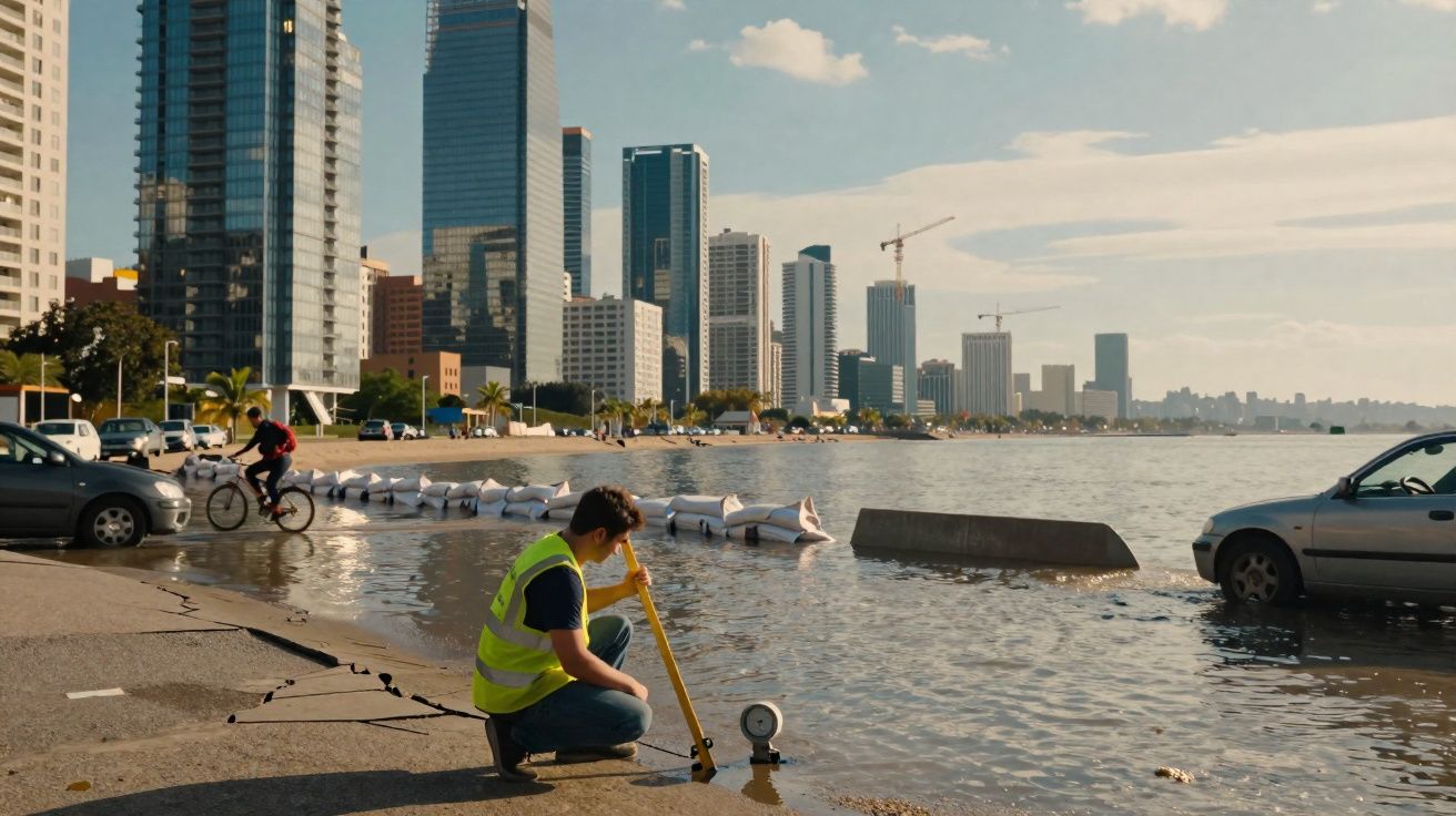 Homem de colete refletor mede nível de água junto a avenida inundada com arranha-céus ao fundo.