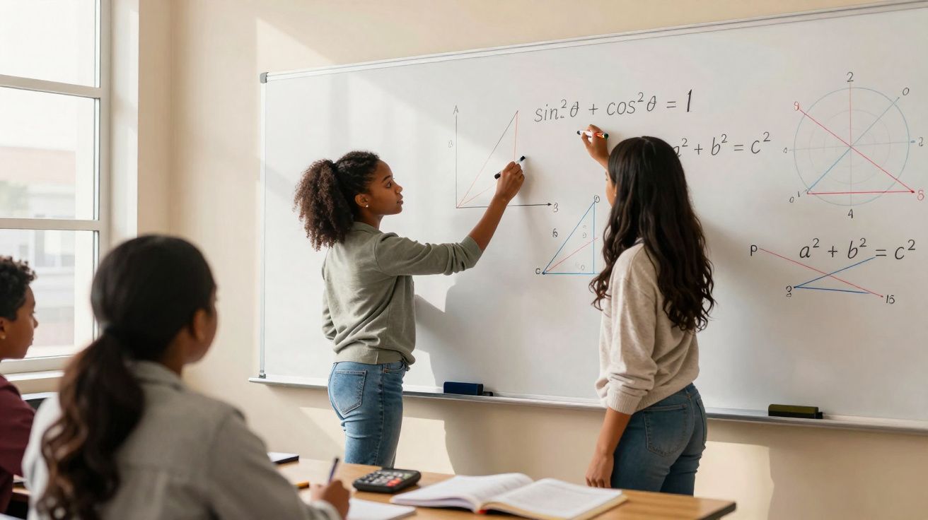 Duas jovens a resolver problemas de trigonometria numa lousa branca, com alunos a assistir numa sala de aula.