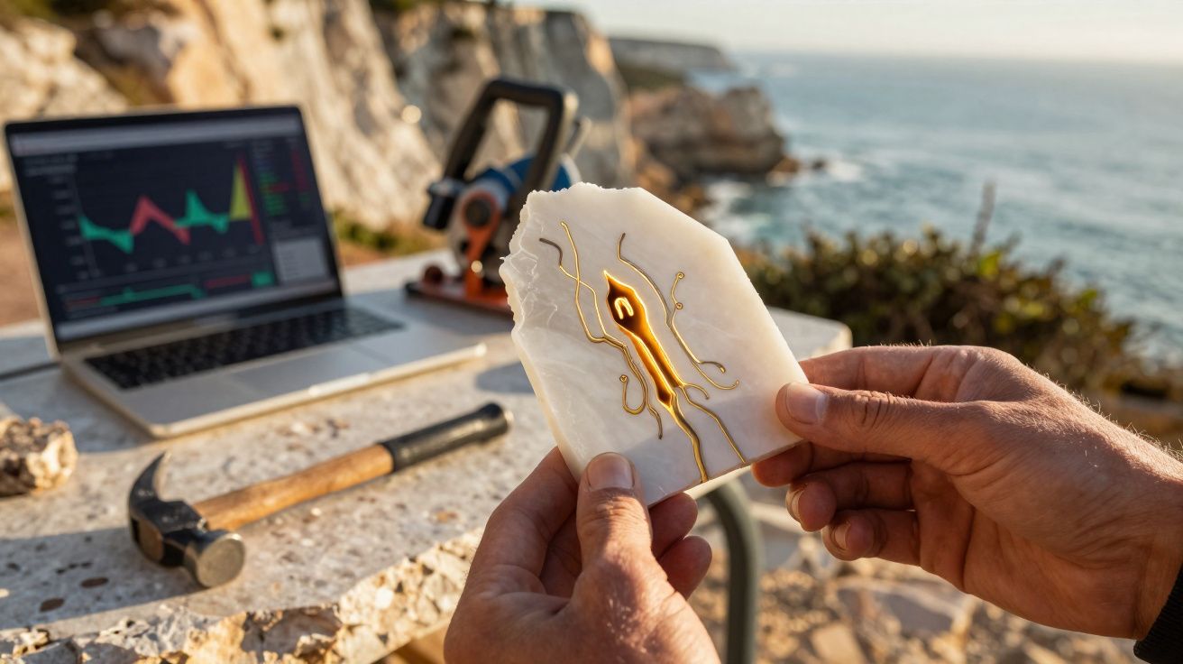 Mãos seguram um fóssil com circuito dourado, com ferramenta e portátil com gráfico ao fundo, junto a costa rochosa.