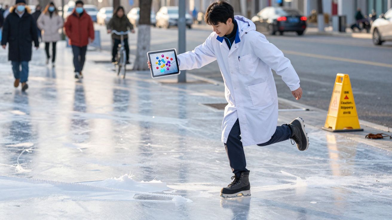 Homem com bata branca escorrega no gelo na rua segurando um tablet com imagem colorida de moléculas.