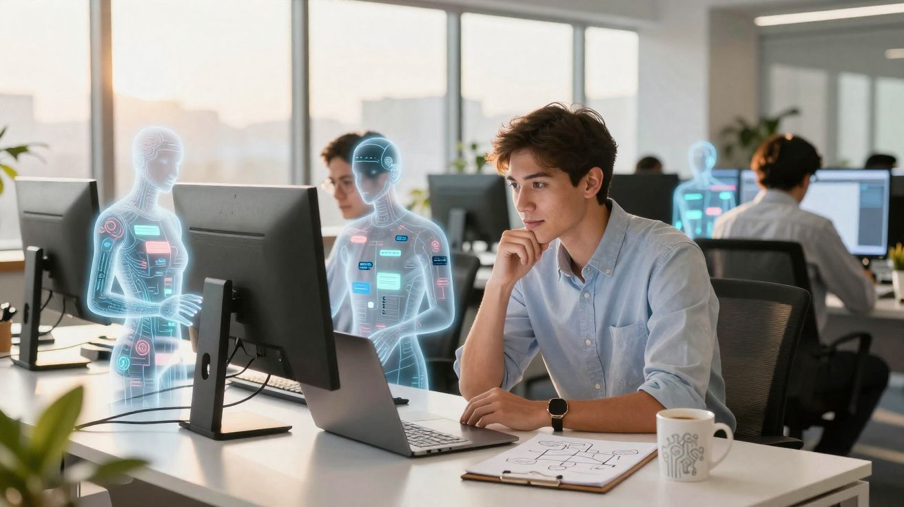 Jovem a trabalhar num escritório moderno com hologramas de humanos tecnológicos ao lado do computador.