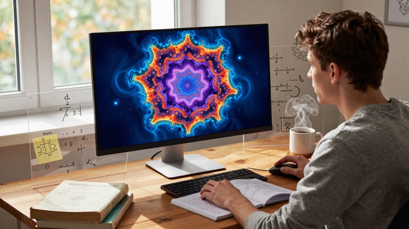 Jovem a trabalhar num computador com padrão fractal colorido, rodeado por livros e equações matemáticas.