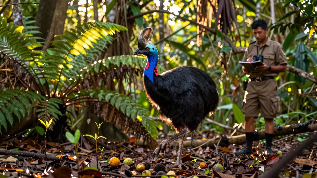 Casuar no habitat natural com biólogo a observar e anotar dados numa floresta densa.