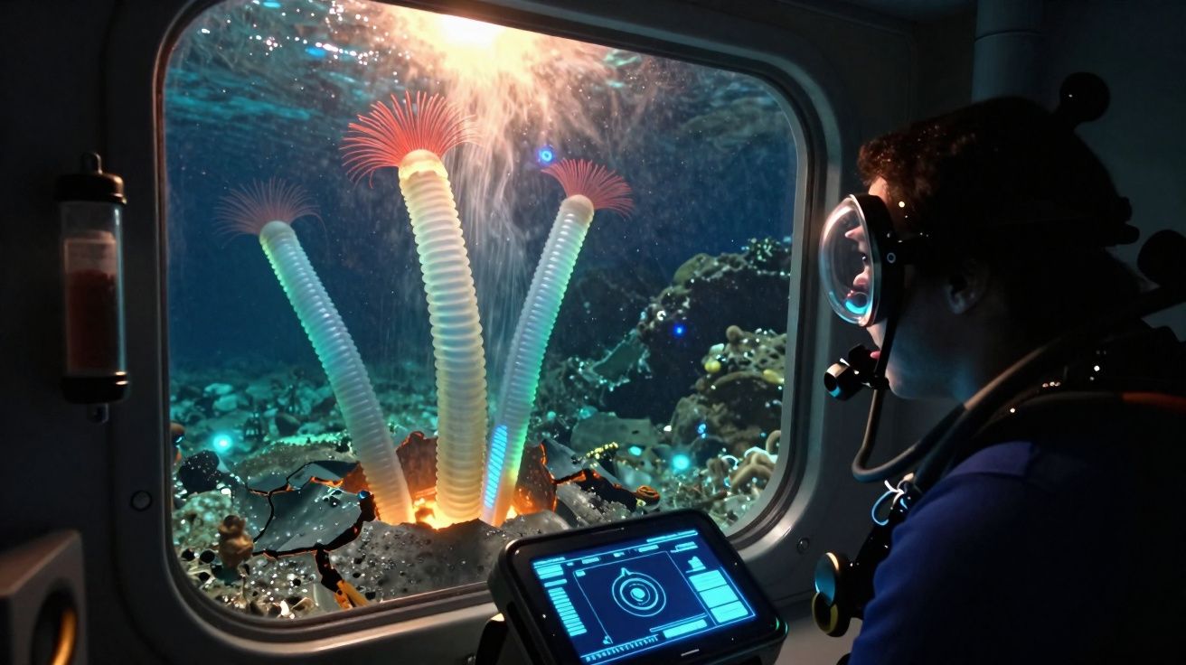 Pessoa em escafandro observa flora marinha luminescente através da janela de um submarino com ecrã de controlo.