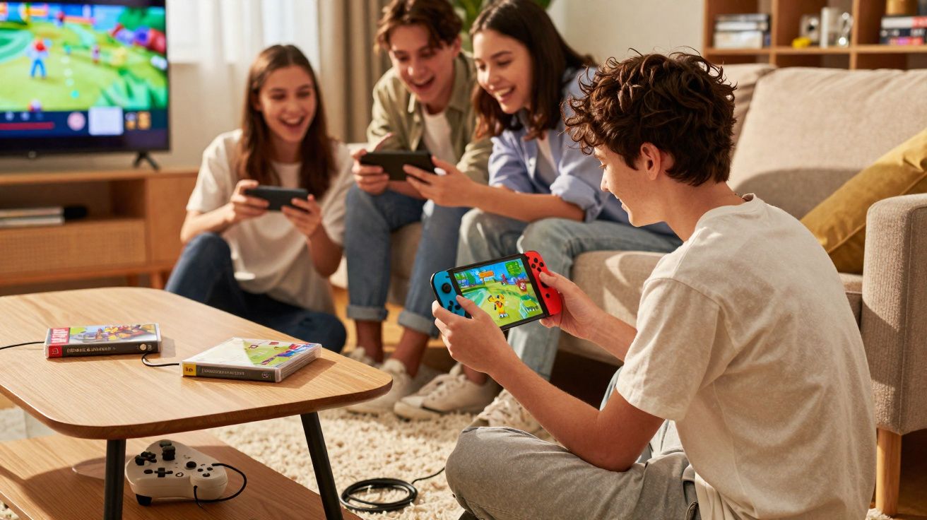 Quatro jovens a jogar videojogos em consolas portáteis numa sala de estar confortável.