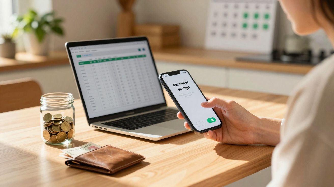 Pessoa a usar telemóvel com aplicação de poupança automática, com computador portátil, carteira e moedas numa mesa.