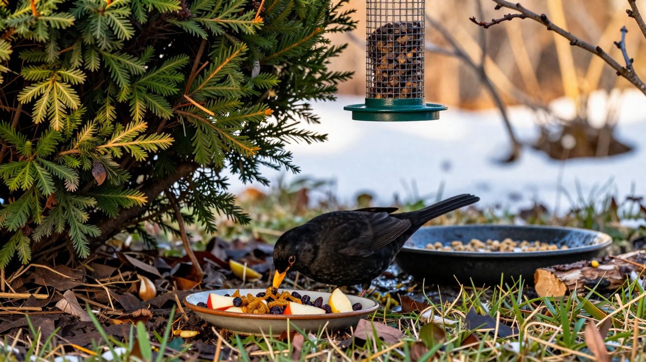 Pássaro preto a comer frutas e sementes num prato no chão com arbustos e neve ao fundo.