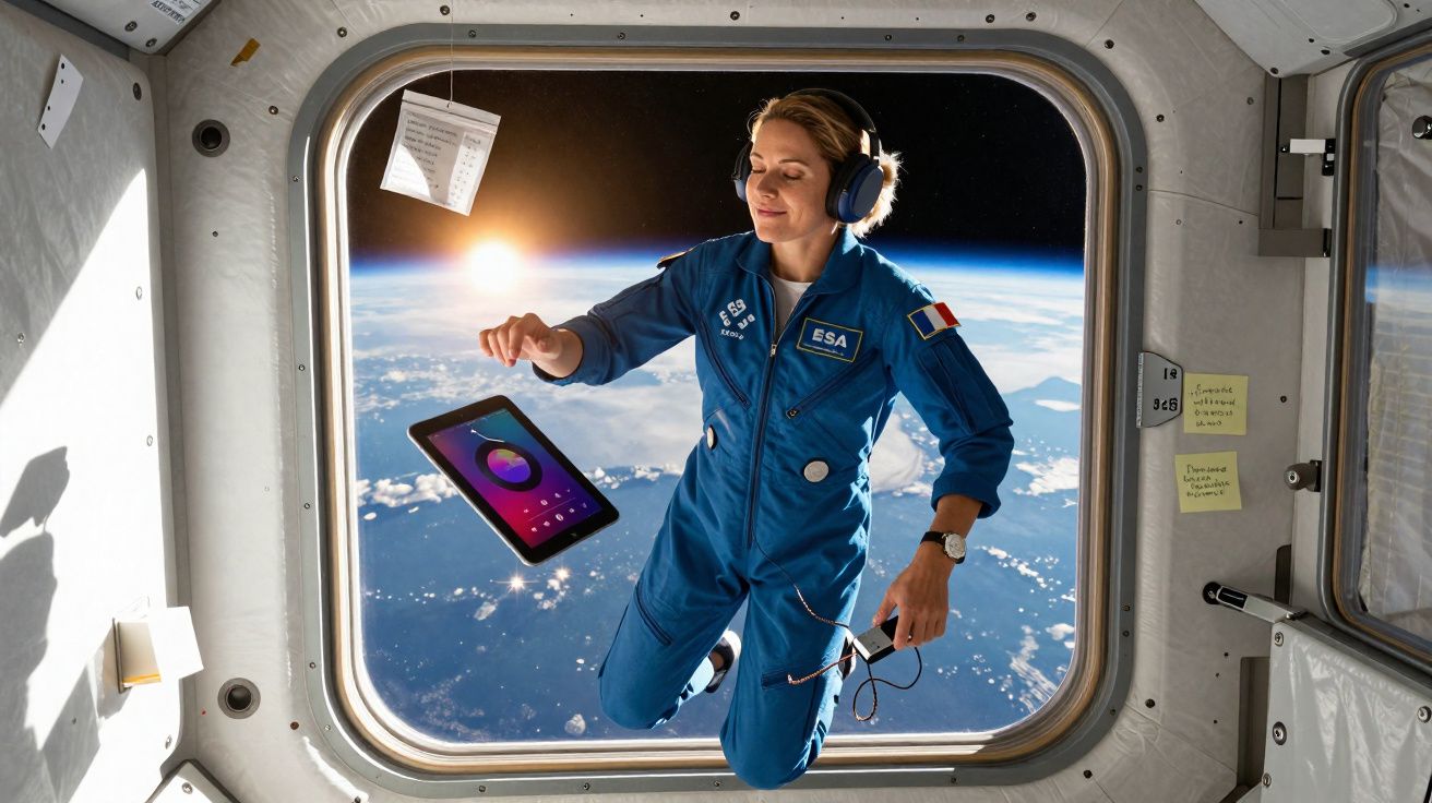 Astronauta feminina em gravidade zero dentro da ISS, com tablet flutuante e vista da Terra ao fundo.
