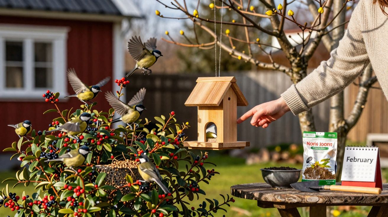 Pessoas a alimentar pardais num comedouro de madeira pendurado perto de arbusto com bagas vermelhas e pretas.