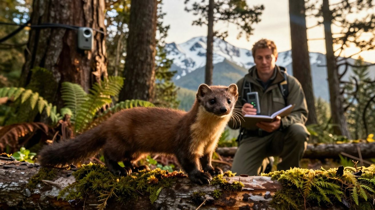 Animal pequeno sobre tronco com homem e montanhas ao fundo numa floresta ensolarada.