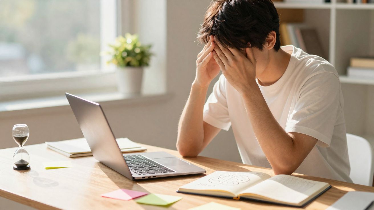 Pessoa a trabalhar num computador portátil, com as mãos na cabeça, visivelmente stressada e livros à frente.