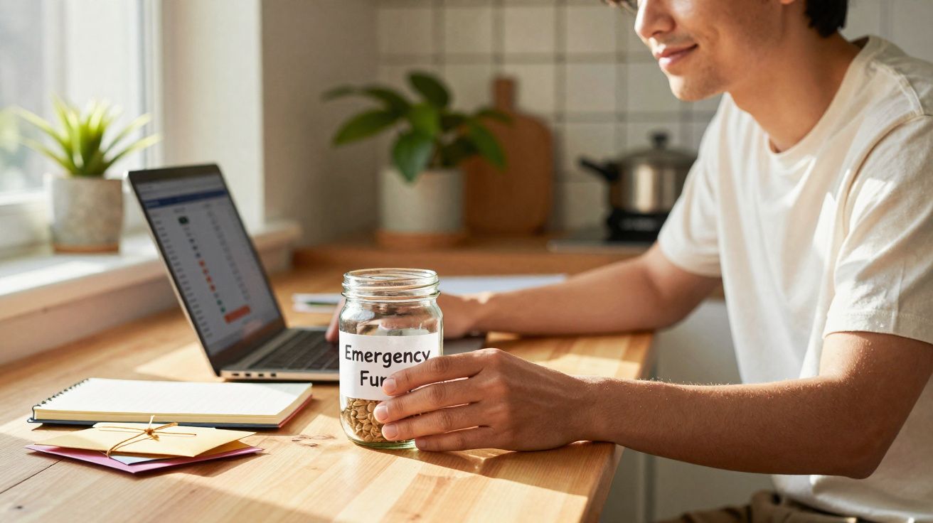 Pessoa sentada numa mesa de madeira com um frasco rotulado "Emergency Fund" e um portátil aberto.