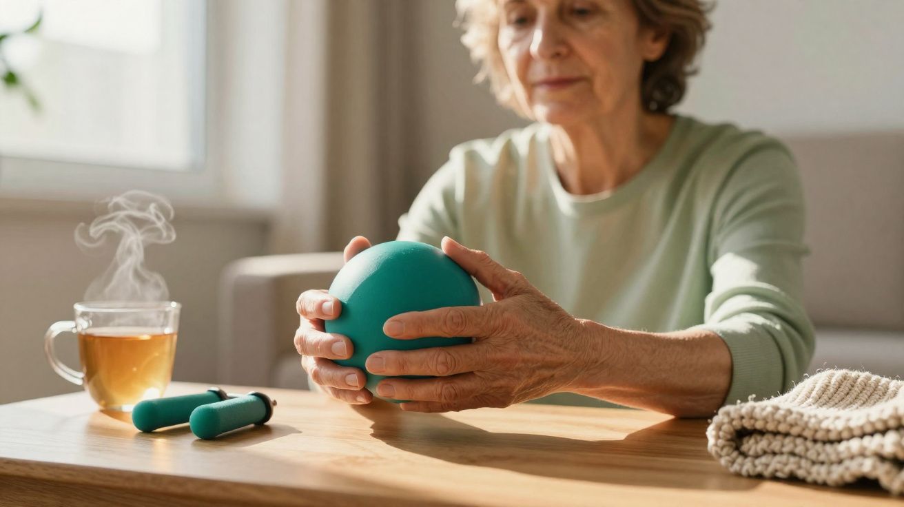 Mulher idosa pratica exercícios de reabilitação com bola azul à mesa, com chá e halteres ao lado.