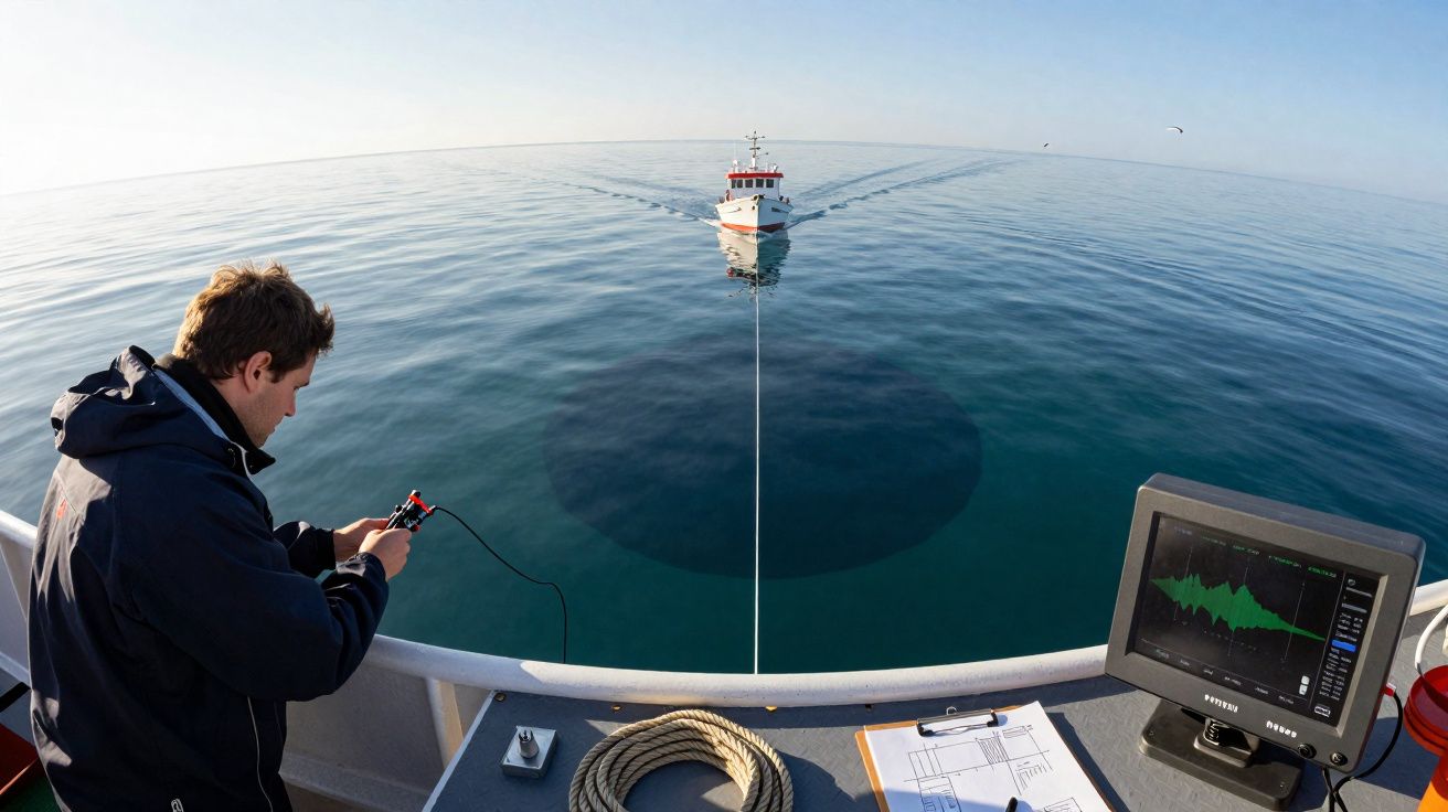 Homem a operar equipamento em barco ligado por cabo a outro barco no mar calmo, com monitor a mostrar dados.