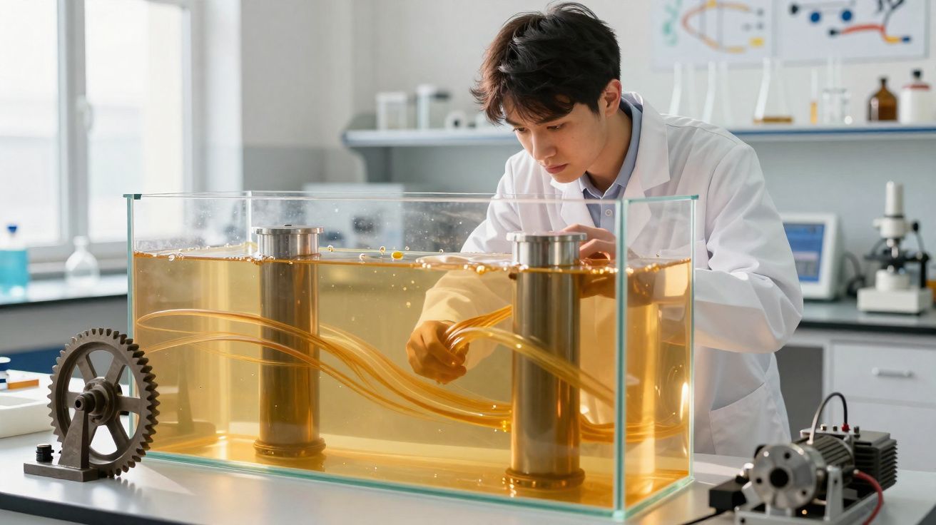 Homem de bata branca a conduzir experimento científico com tanque de água e tubos num laboratório.