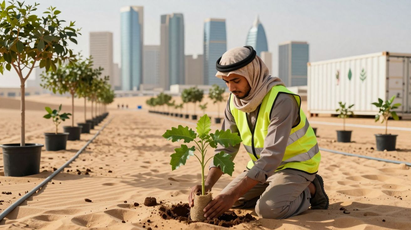 Homem árabe a plantar árvore num deserto com edifícios altos ao fundo, usando colete refletor.