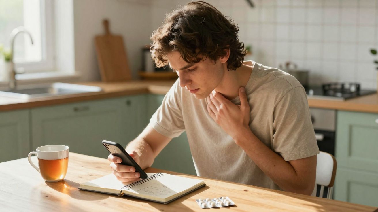 Jovem com tosse sentado à mesa da cozinha a olhar para o telemóvel com comprimidos e chá ao lado.