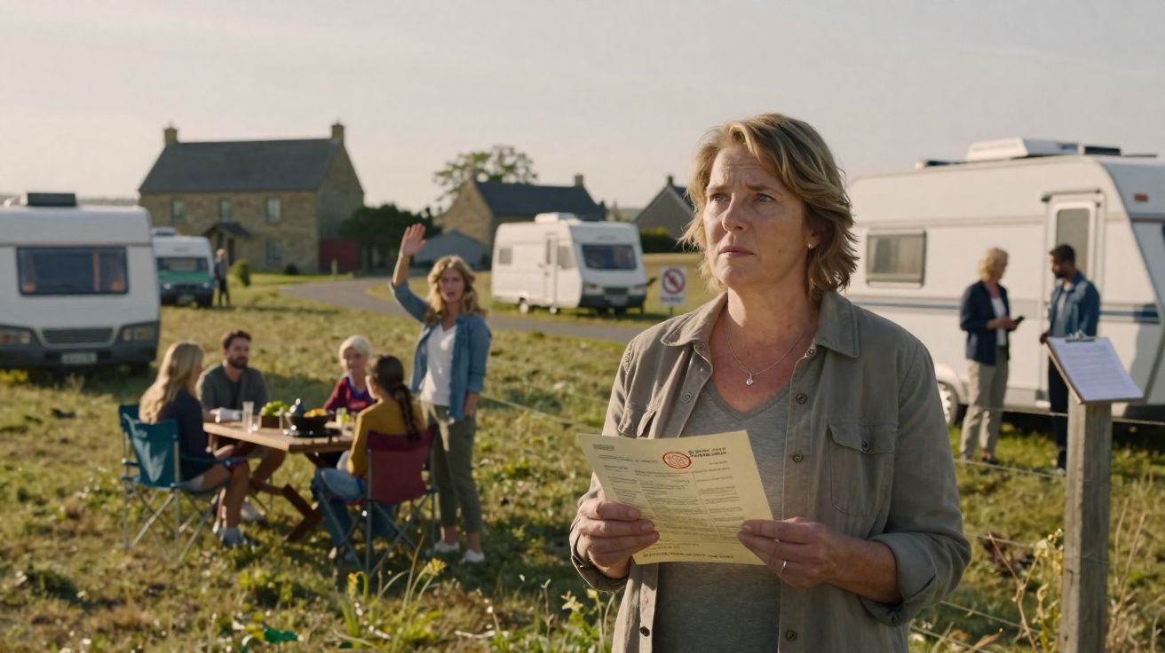 Mulher de cabelos curtos segura papel, outras pessoas em redor em área campestre com caravanas ao fundo.