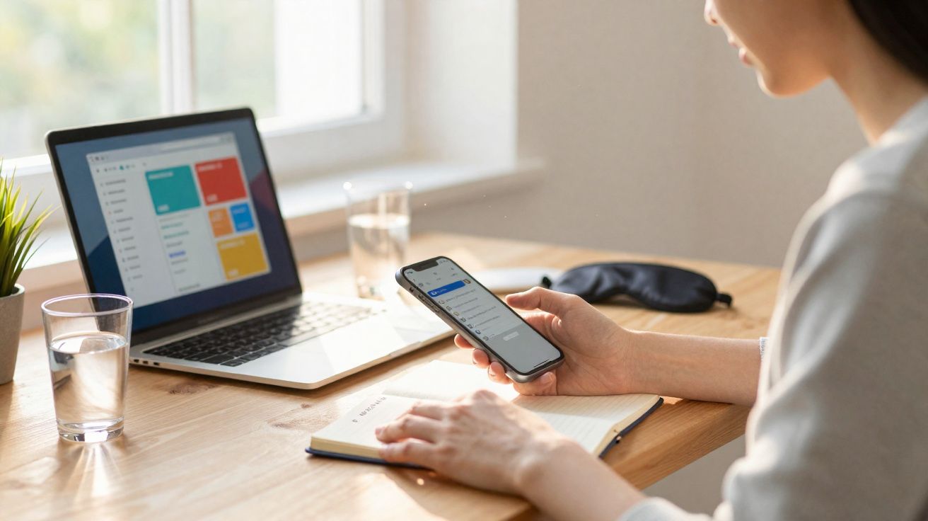 Pessoa a consultar o telemóvel enquanto trabalha num computador portátil junto a uma mesa com caderno e copos de água.