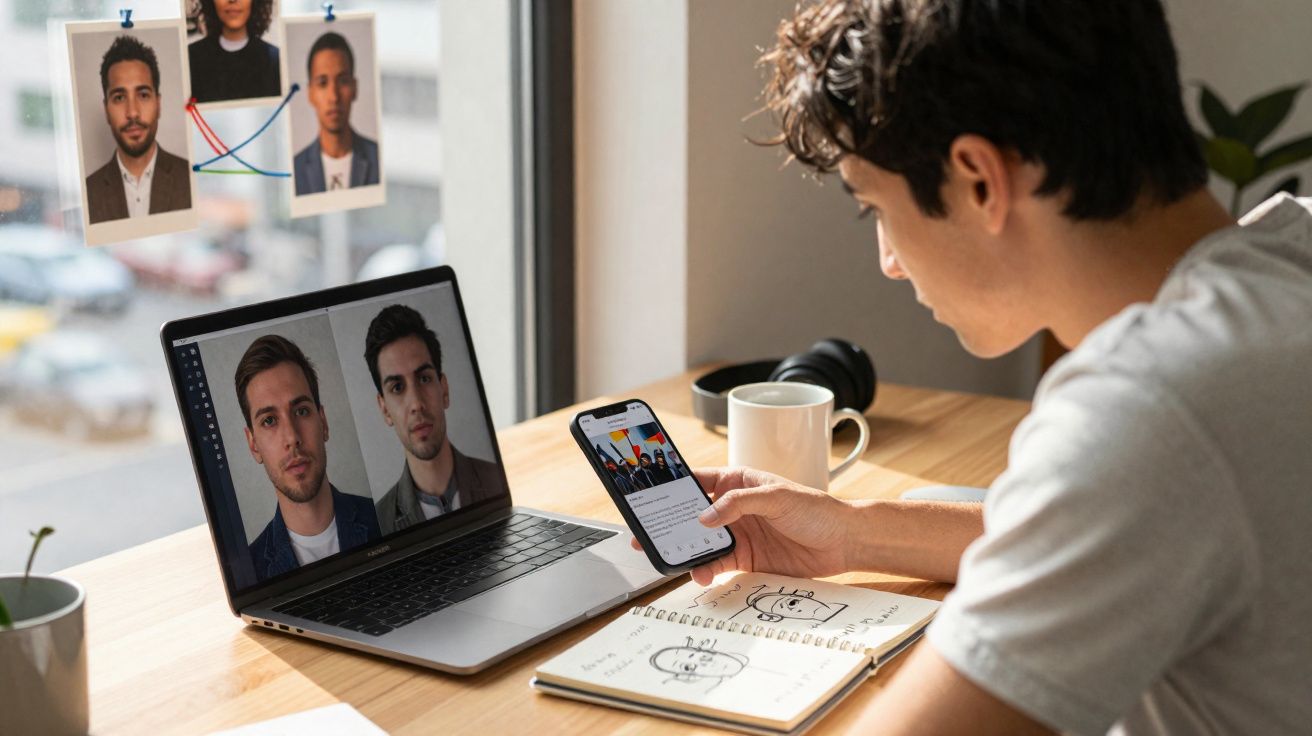 Homem jovem sentado à secretária a usar laptop e telemóvel, com fotografias presas na janela à sua frente.