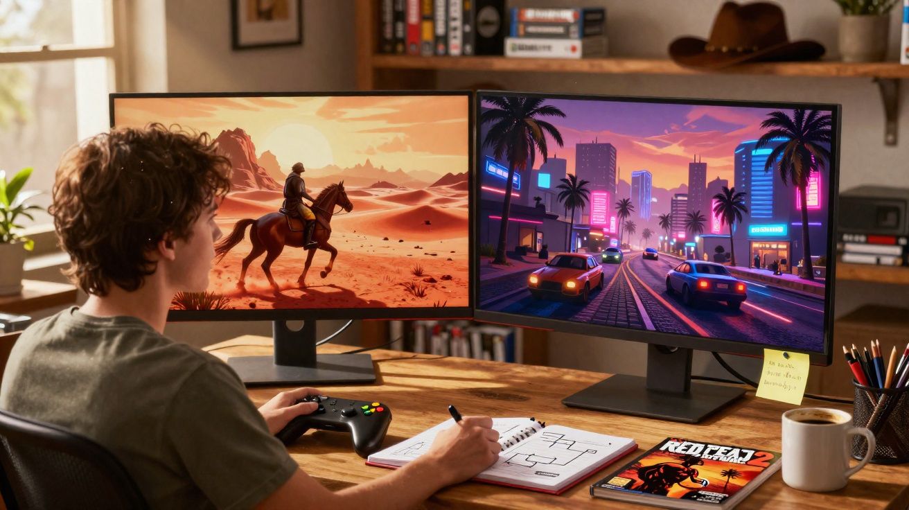 Pessoa a desenhar num caderno com dois ecrãs à frente a mostrar videojogos, numa secretária com utensílios e café.