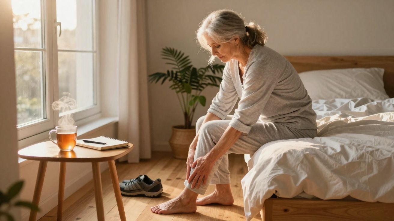 Mulher idosa sentada na beira da cama a massagear a perna, com chá e caderno numa mesa próxima.