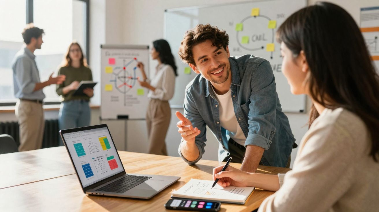 Equipa de trabalho em escritório colaborando, com gráficos no computador e anotações em caderno à mesa.