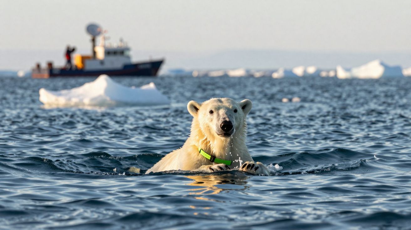 Urso polar a nadar no mar gelado com navio e blocos de gelo ao fundo.