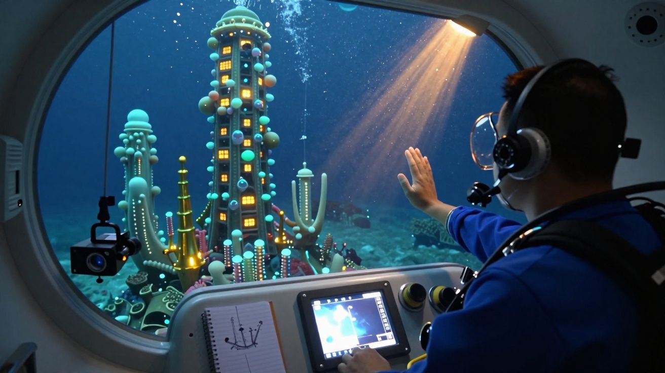 Pessoa com fato de mergulho observa cidade subaquática futurista através da janela de um submarino.