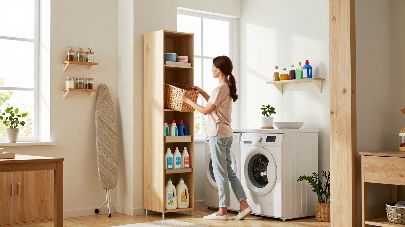 Mulher a guardar roupa numa cesta numa lavandaria com máquinas e prateleiras de produtos de limpeza.