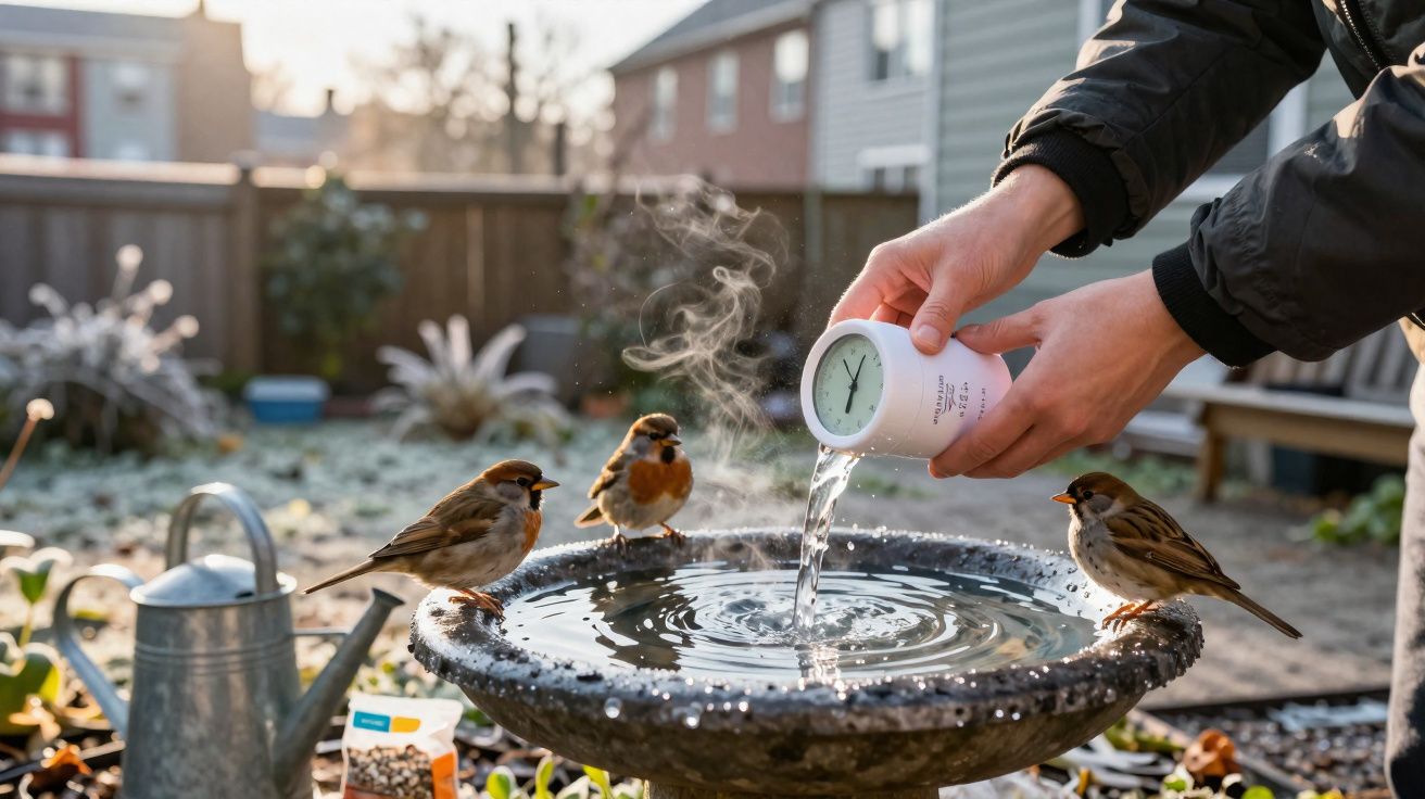 Pessoa a deitar água quente numa fonte para pássaros em ambiente exterior com três pardais.